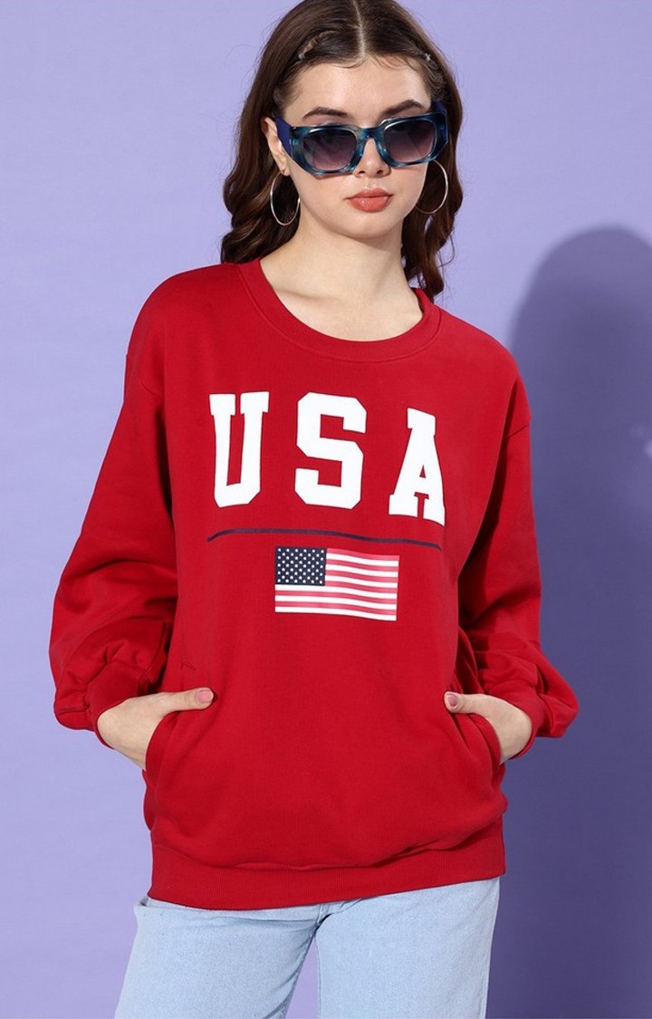 Women's Red Cotton Blend Typographic Printed Sweatshirt