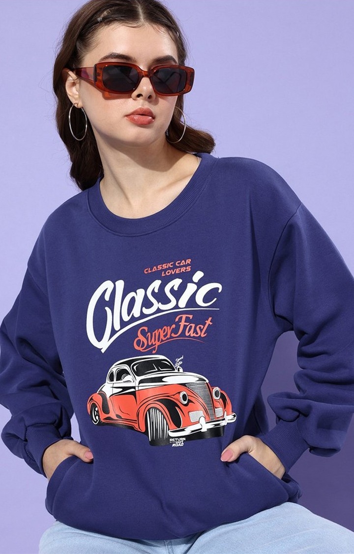 Women's Navy Cotton Blend Graphic Printed Sweatshirt
