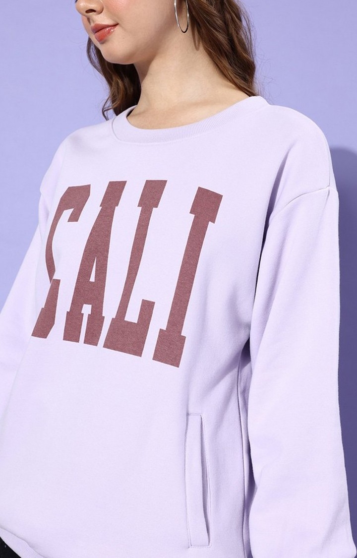 Women's Lavender Cotton Blend Typographic Printed Sweatshirt