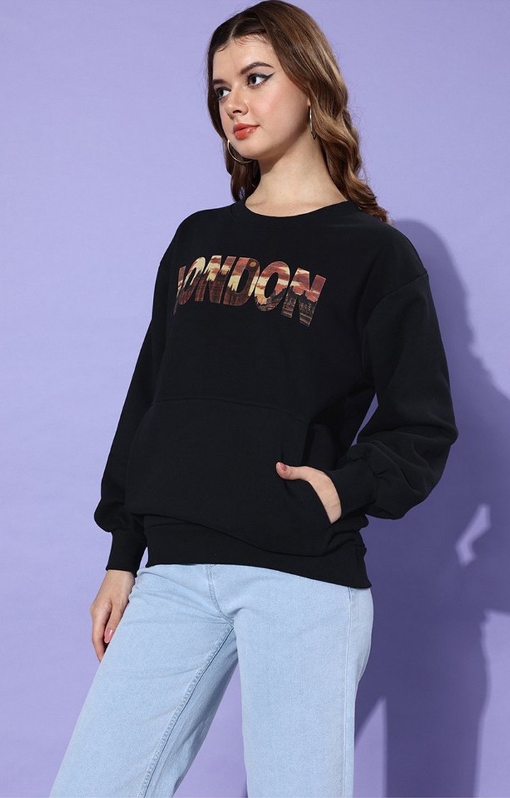 Women's Black Cotton Blend Typographic Printed Sweatshirt