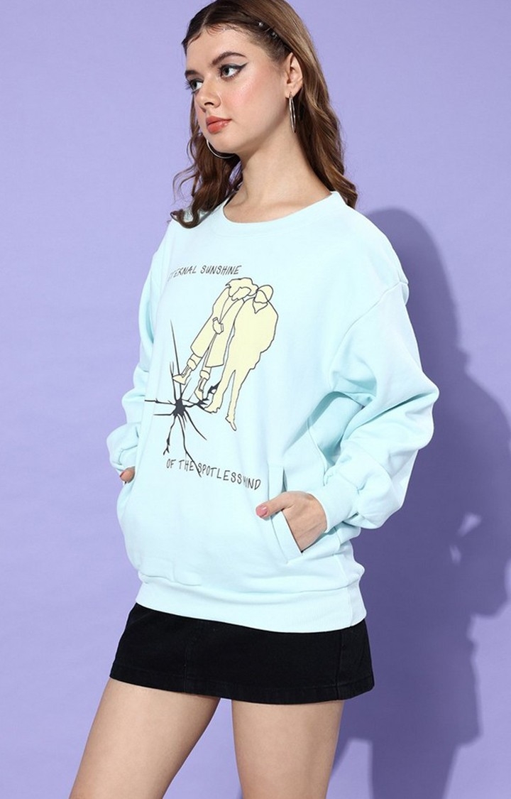 Women's Blue Cotton Blend Graphic Printed Sweatshirt