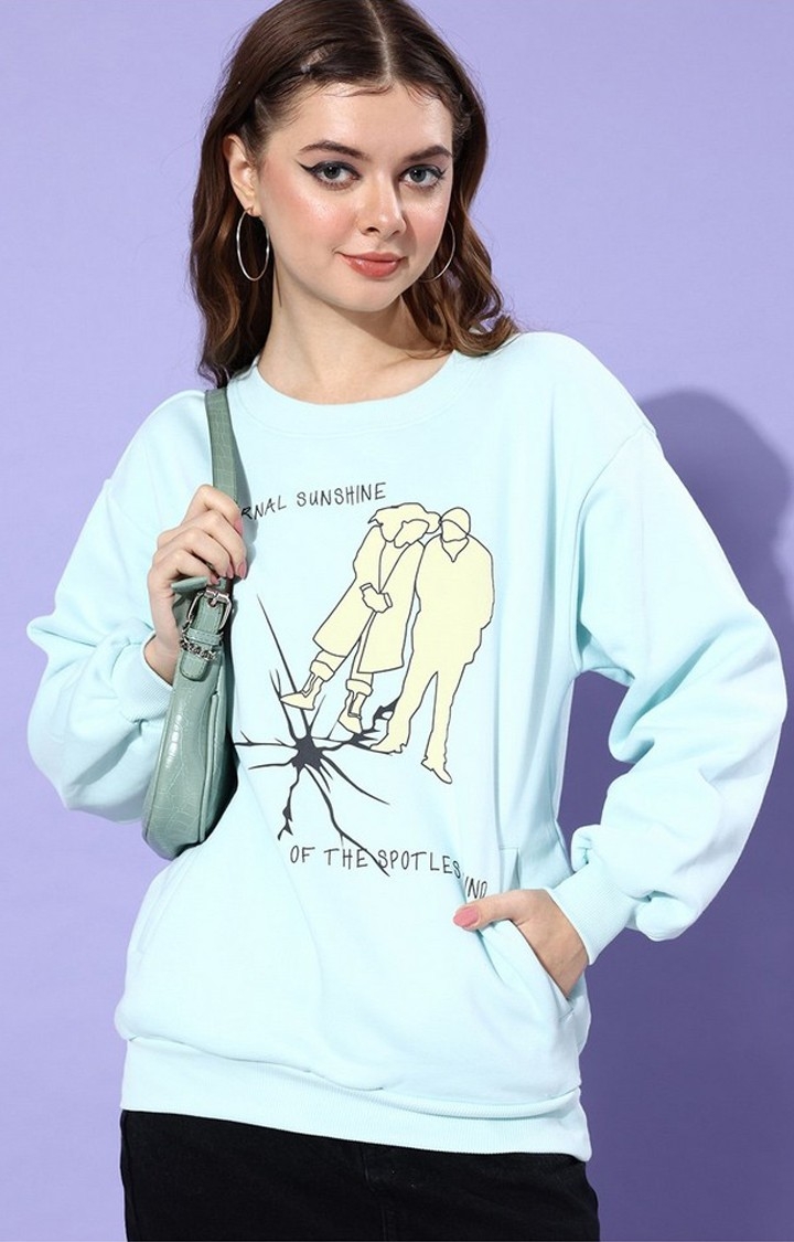 Women's Blue Cotton Blend Graphic Printed Sweatshirt