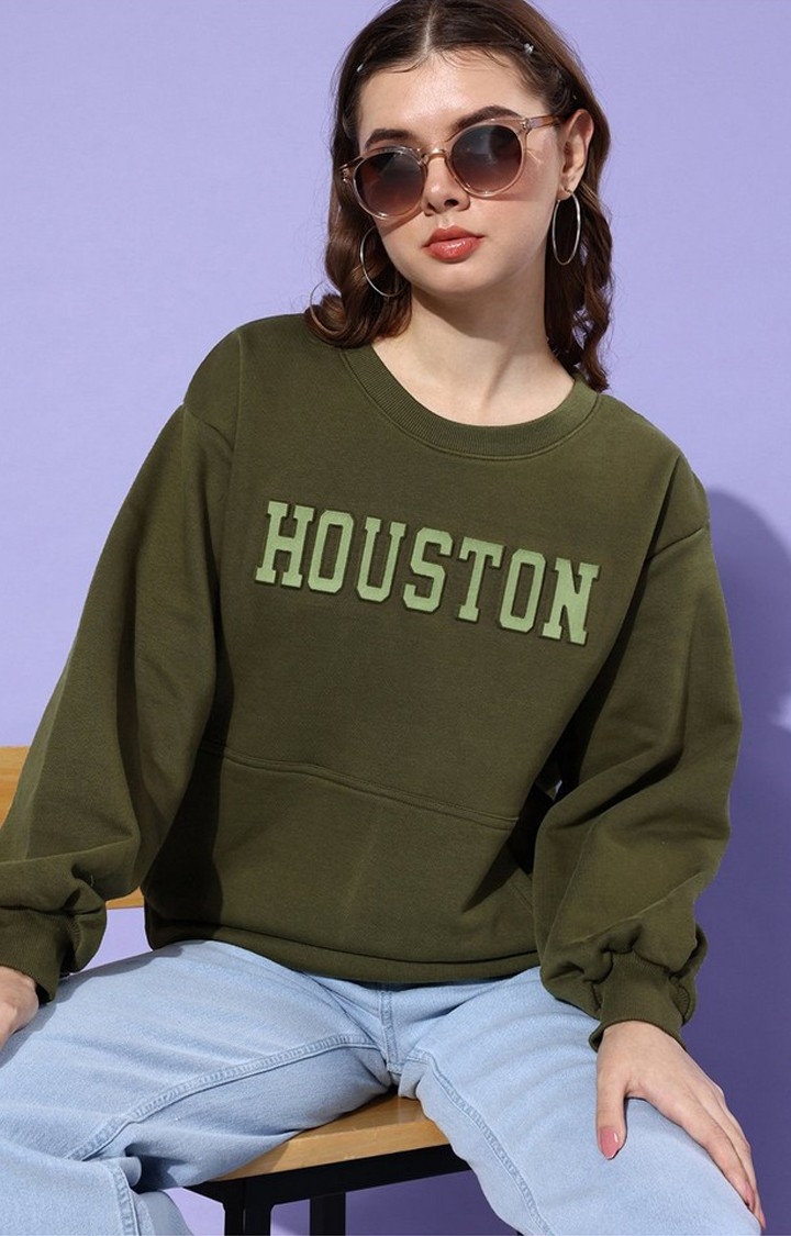 Women's Olive Cotton Blend Embellished Sweatshirt