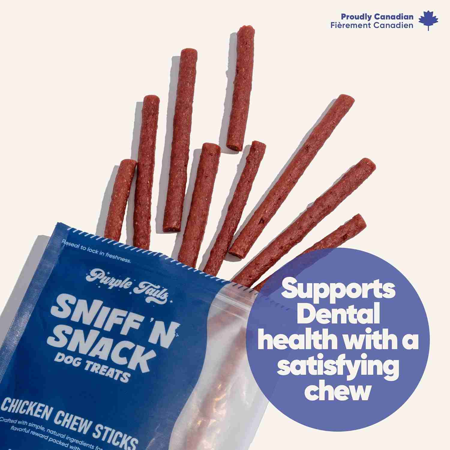 Purple Tails Canada Sniff N Snack Dog Treats - Chicken Chew Sticks 100g