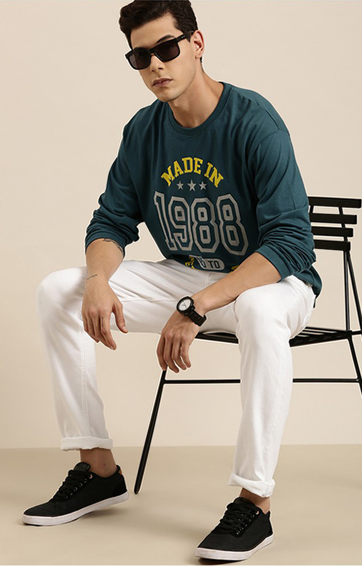 Men's Green Cotton Typographic Printed Sweatshirt