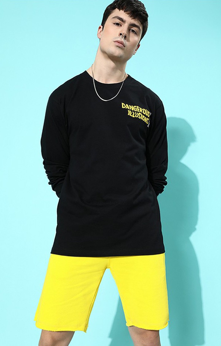 Men's Black Cotton Graphic Printed Oversized T-Shirt