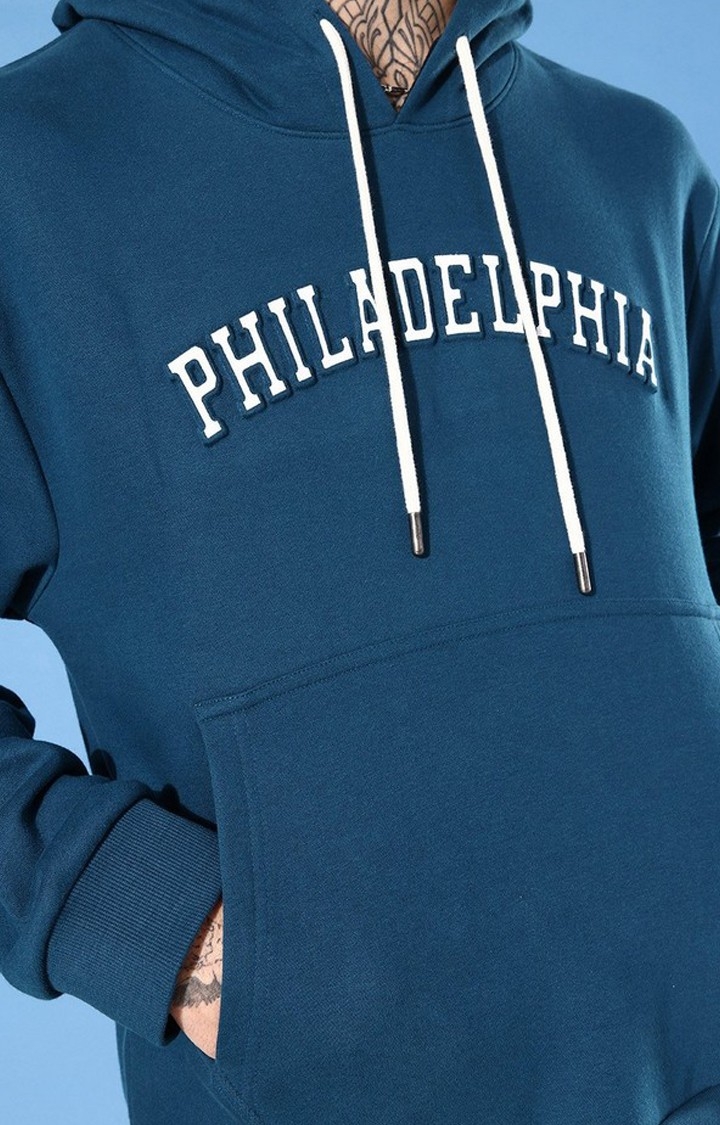 Men's Blue Cotton Blend Typographic Printed Sweatshirt