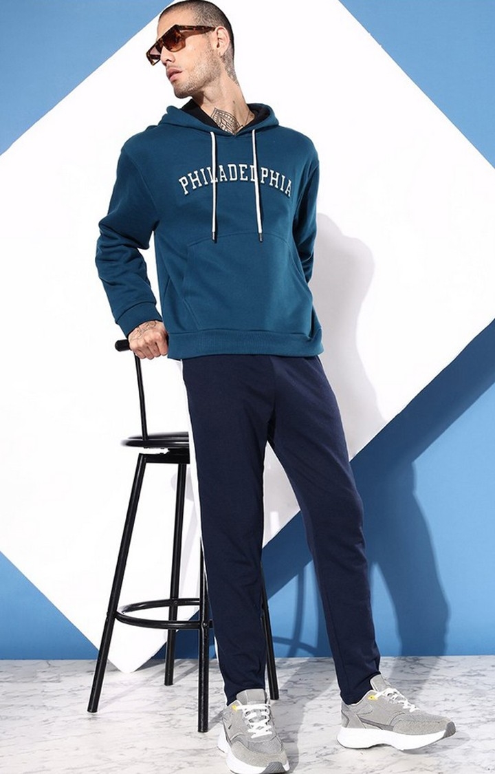 Men's Blue Cotton Blend Typographic Printed Sweatshirt