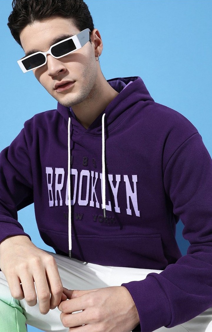 Men's Purple Cotton Blend Typographic Printed Sweatshirt