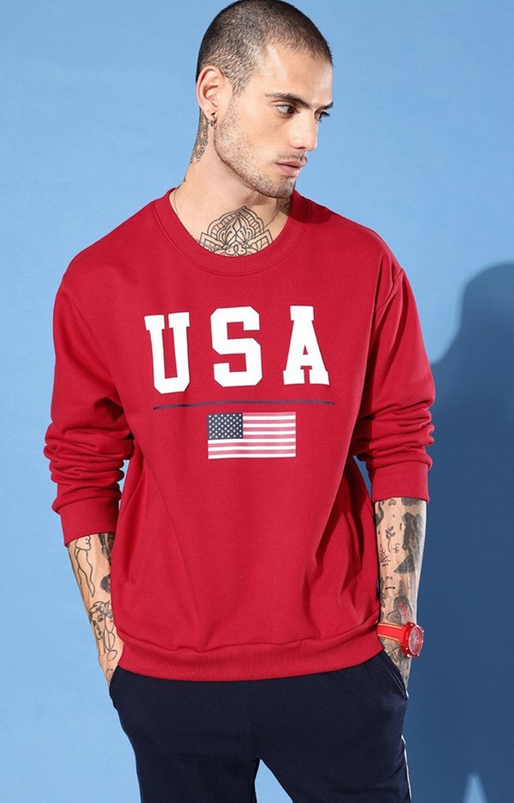 Men's Red Cotton Blend Typographic Printed Sweatshirt