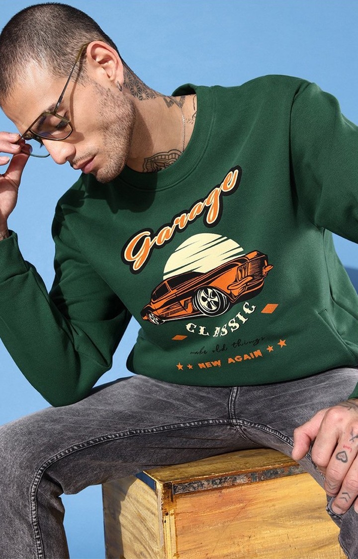 Men's Green Cotton Blend Graphic Printed Sweatshirt