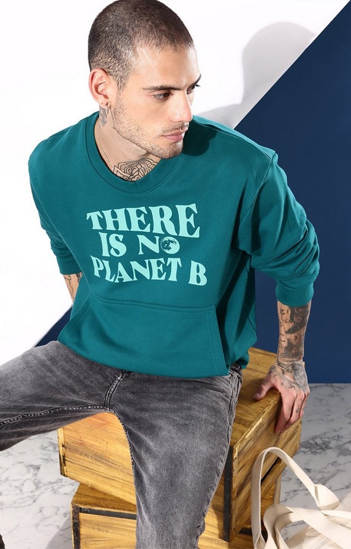 Men's Green Cotton Blend Typographic Printed Sweatshirt