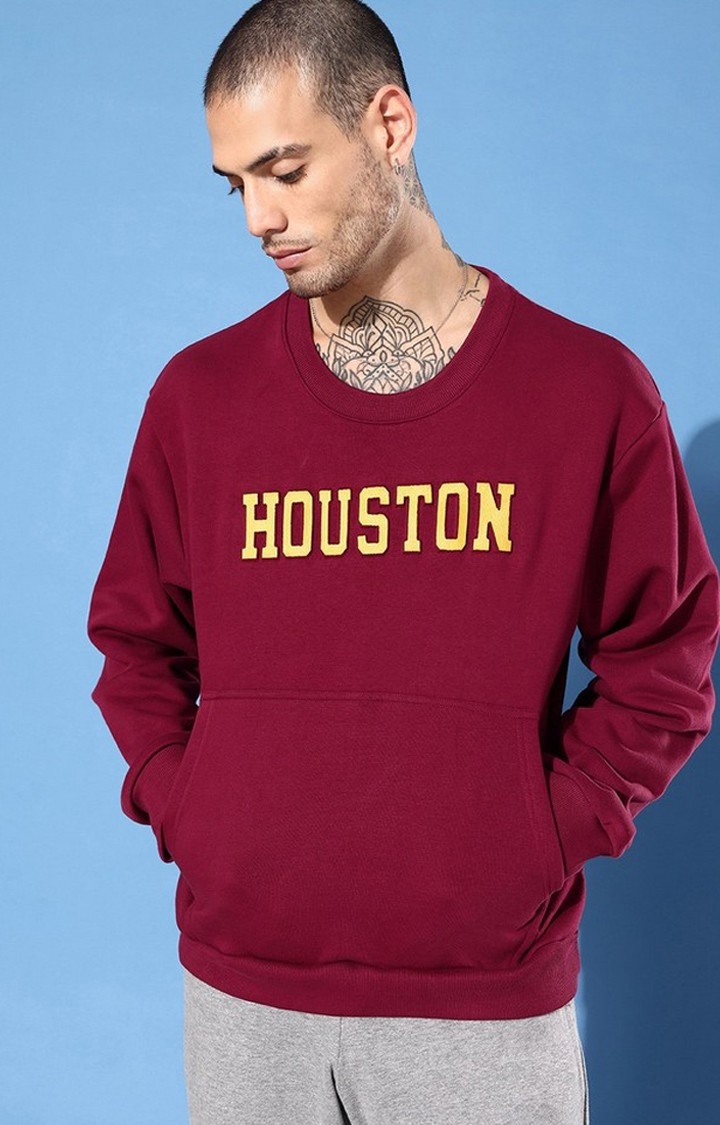 Men's Maroon Cotton Blend Typographic Printed Sweatshirt