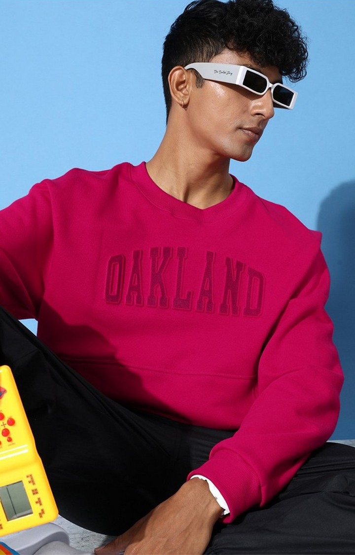 Men's Pink Cotton Blend Typographic Printed Sweatshirt