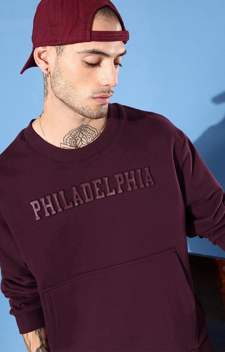 Men's Maroon Cotton Blend Typographic Printed Sweatshirt