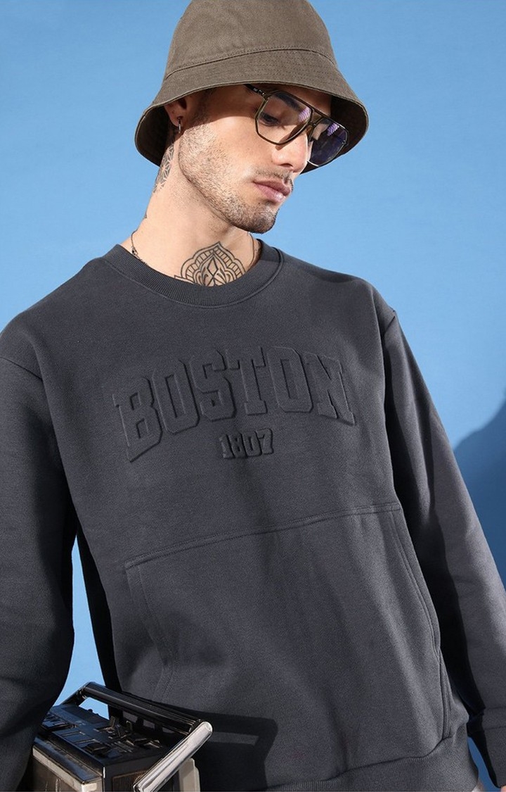 Men's Grey Cotton Blend Typographic Printed Sweatshirt