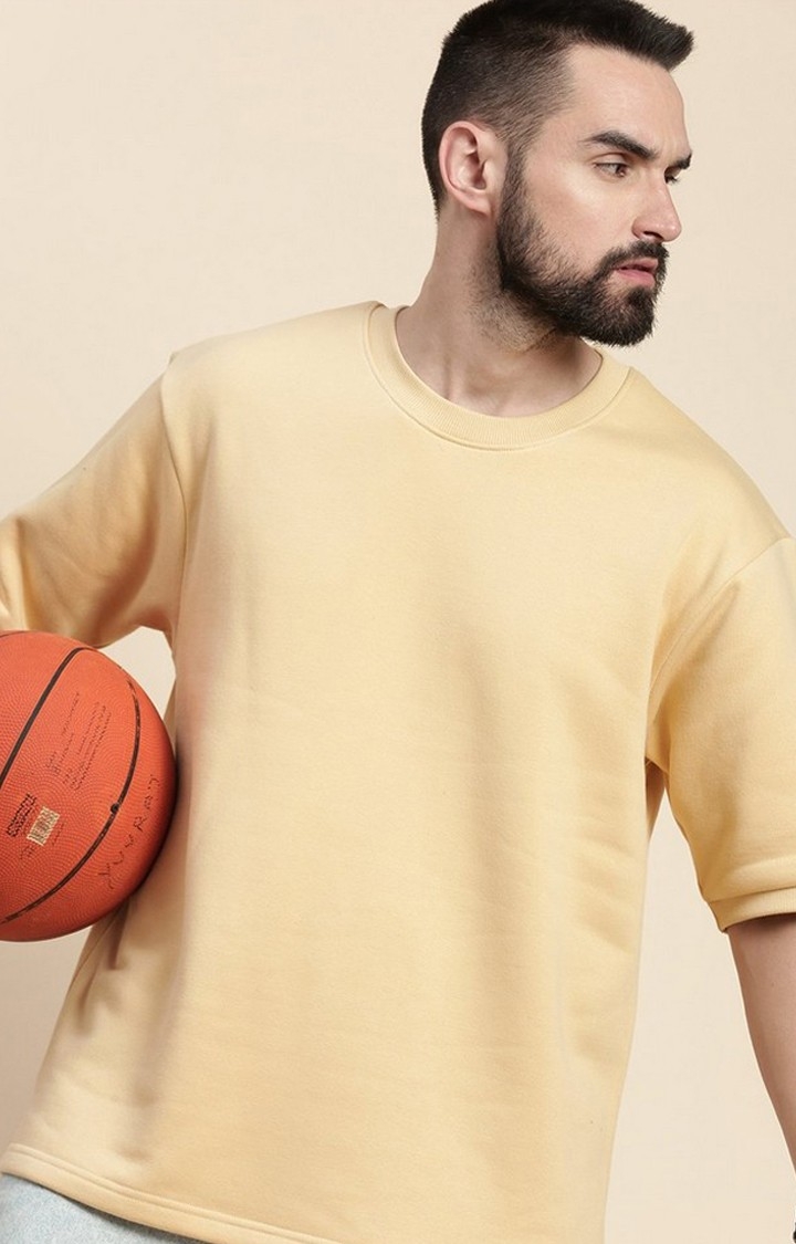 Men's Beige Cotton Blend Solid Sweatshirt