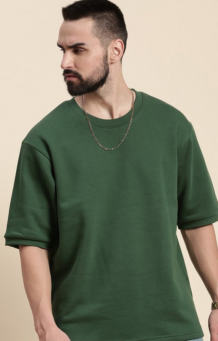 Men's Dark Green Cotton Blend Solid Sweatshirt