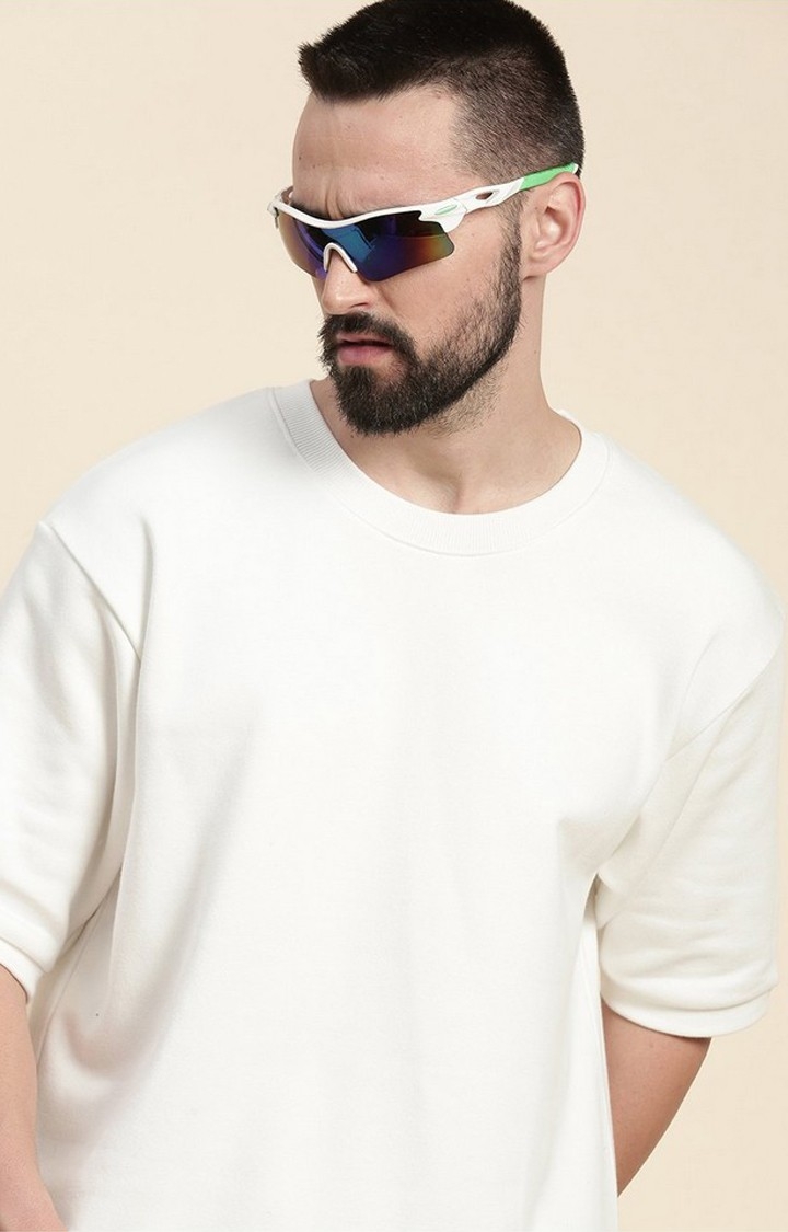 Men's Half White Cotton Blend Solid Sweatshirt