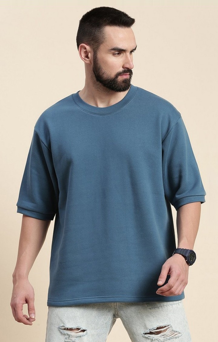 Men's Teal Blue Cotton Blend Solid Sweatshirt