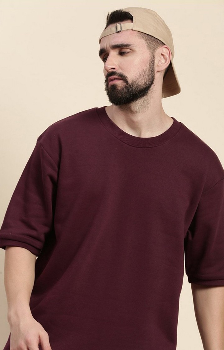 Men's Wine Cotton Blend Solid Sweatshirt