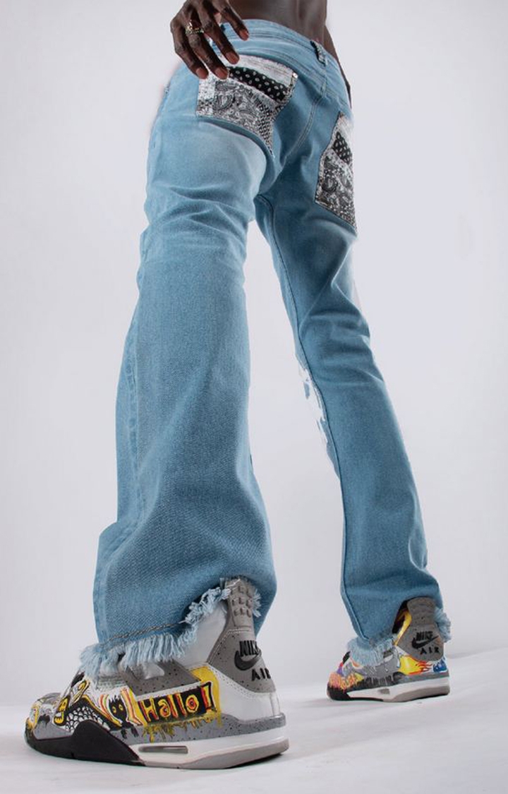 Men's Blue Cotton Wide Leg Jeans