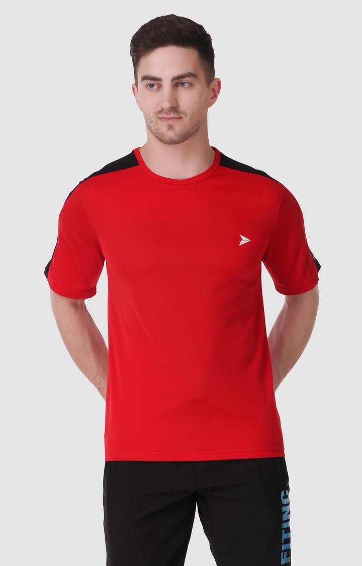Fitinc | Men's Red Lycra Solid Activewear T-Shirt