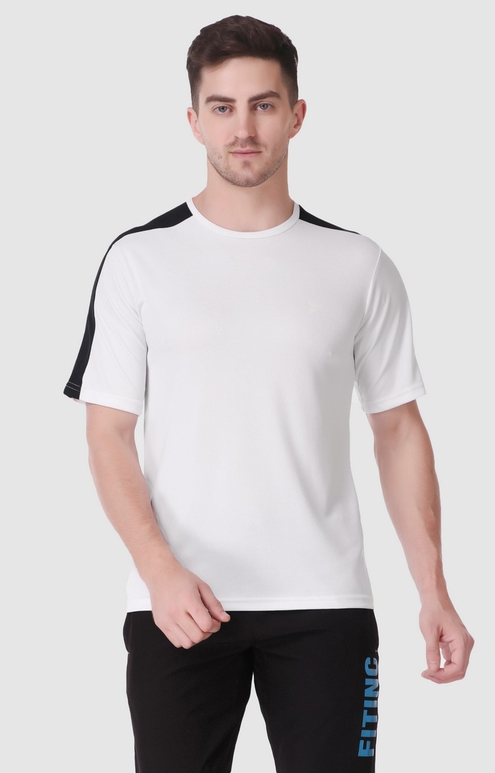 Fitinc | Men's White Lycra Solid Activewear T-Shirt