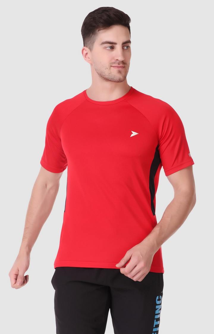 Fitinc | Men's Red Lycra Solid Activewear T-Shirt