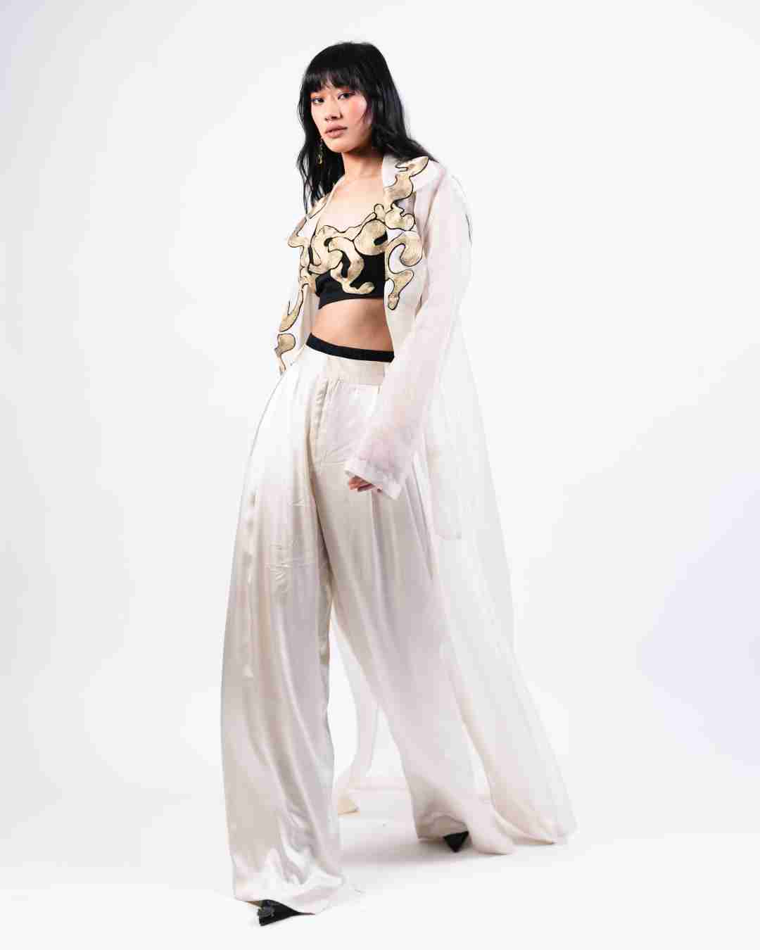 AKOK Multicolor Silk Crop top with trouser and Long Coat Co-ords