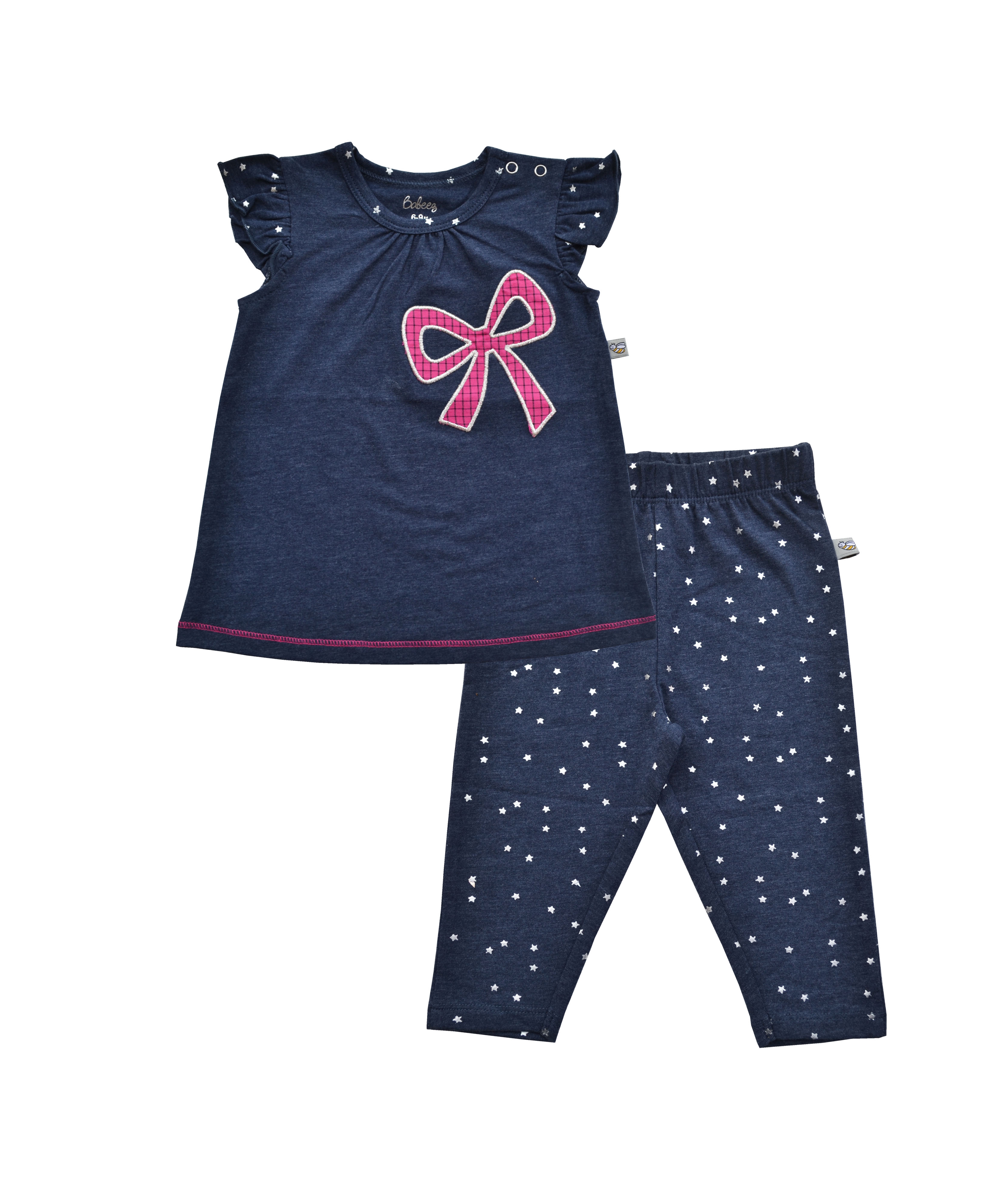 Denim Blue Top with Pink Bow Applique and Silver Star Allover Print on Denim Blue Legging (95% Cotton 5% Elasthan)