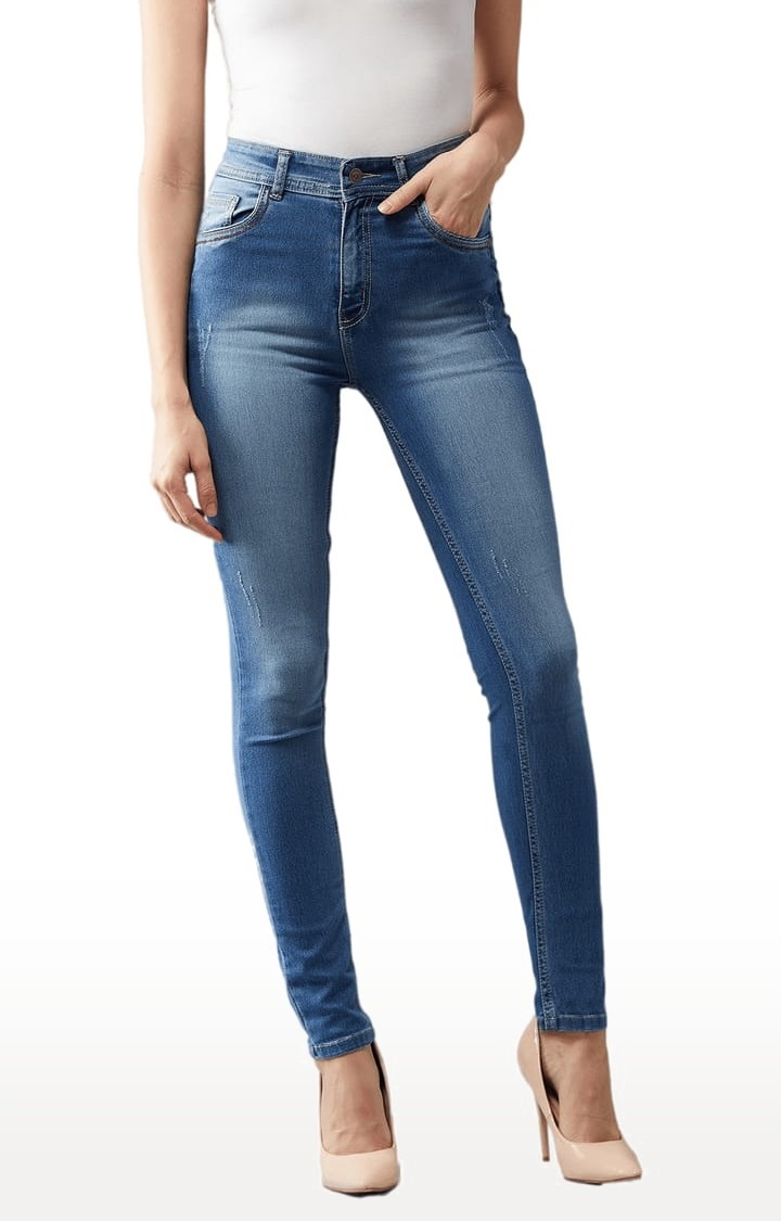 Women's Blue Cotton Solid Skinny Jeans