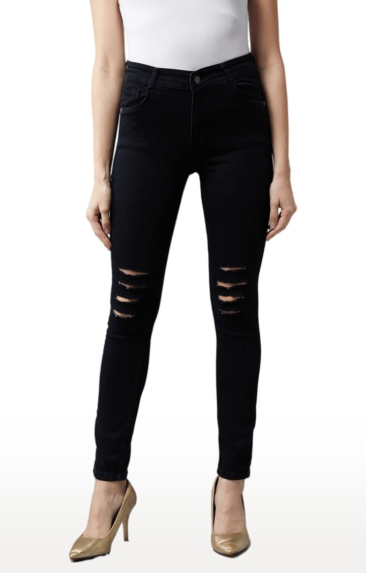 Dolce Crudo | Women's Black Cotton Ripped Ripped Jeans