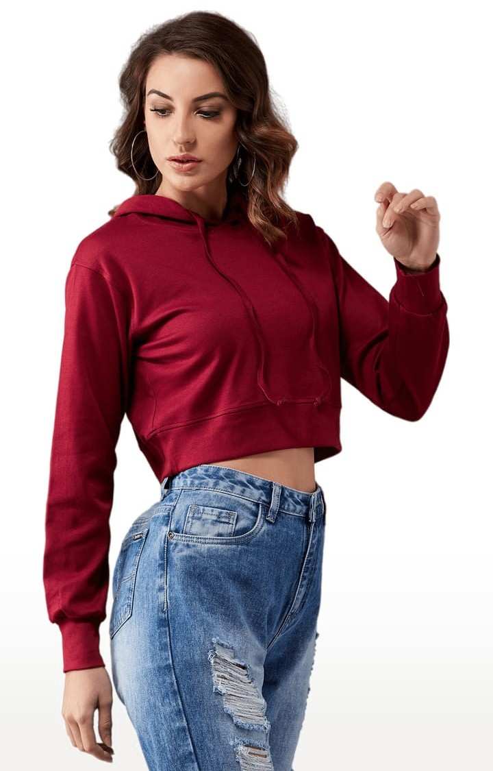 Women's Maroon Cotton Solid Sweatshirt