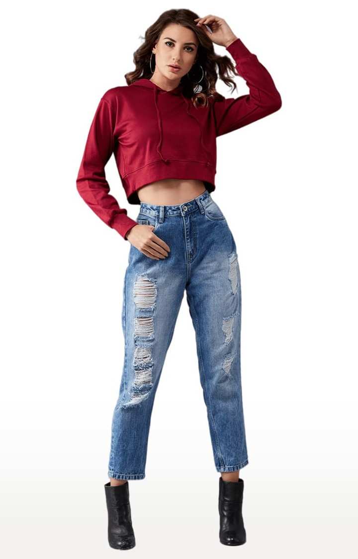 Women's Maroon Cotton Solid Sweatshirt