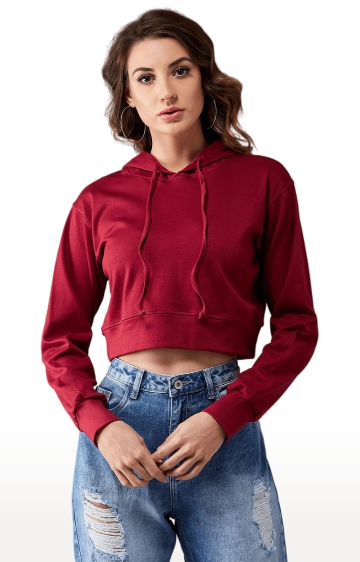 Women's Maroon Cotton Solid Sweatshirt