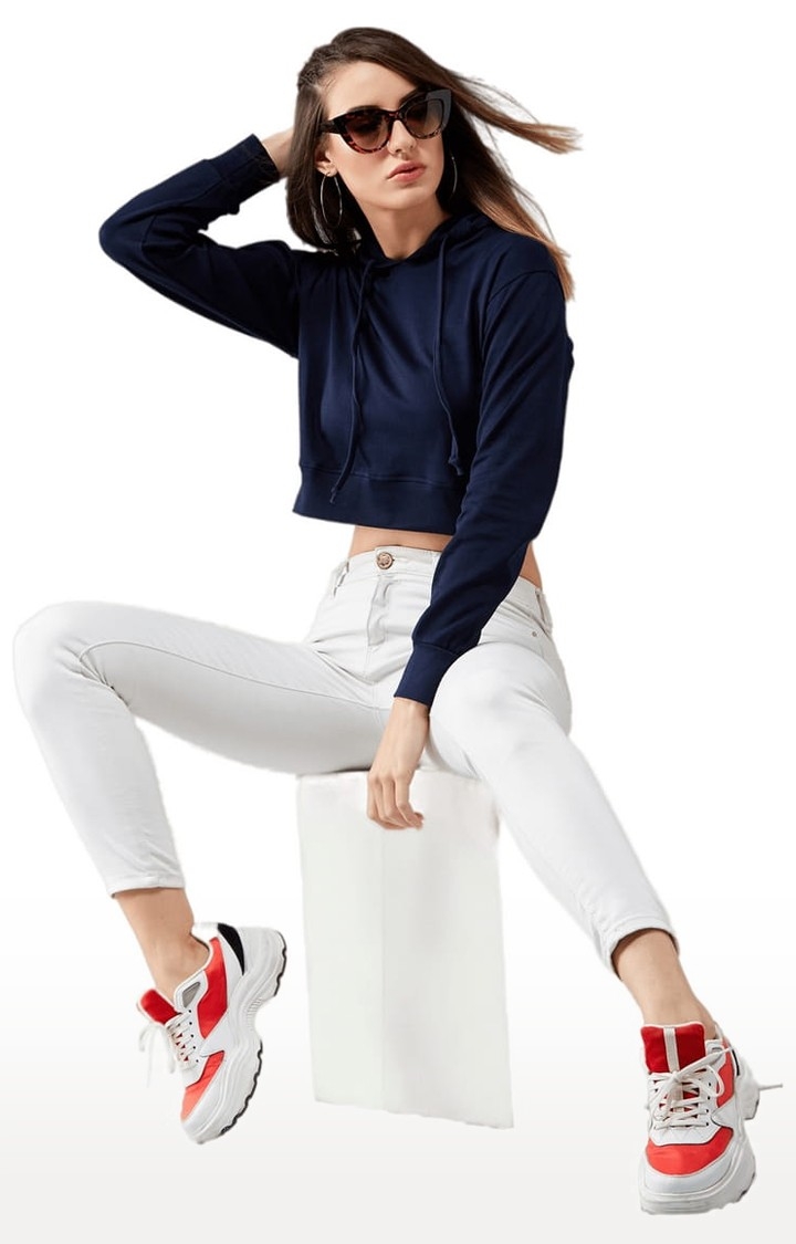 Dolce Crudo | Women's Navy Blue Cotton Solid Sweatshirt 2