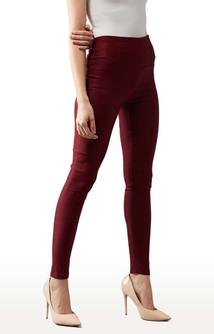 Women's Maroon Polyester Solid Jegging