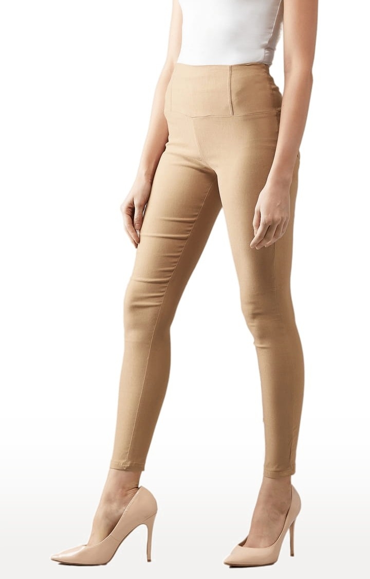 Women's Beige Polyester Solid Jegging