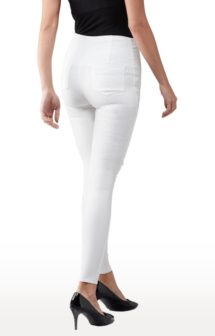 Women's White Polyester Solid Jegging