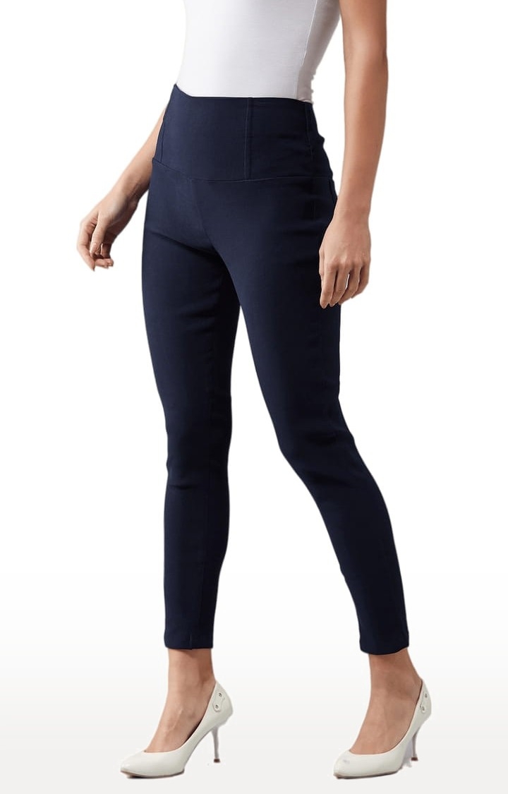 Women's Navy Blue Polyester Solid Jegging