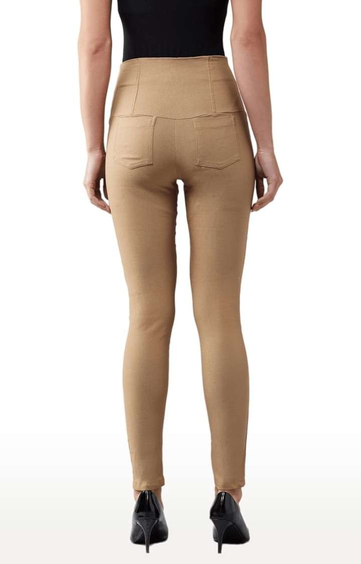 Women's Beige Polyester Solid Jegging