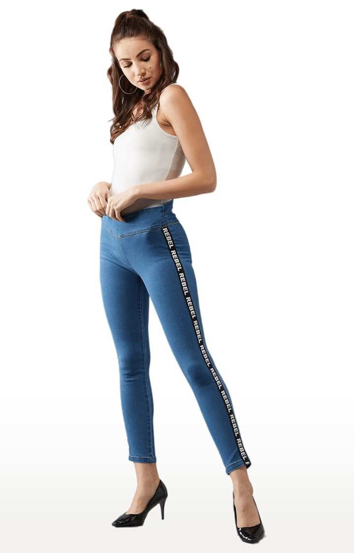 Women's Blue Cotton Solid Jegging