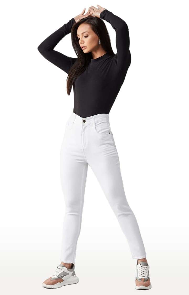 Women's White Cotton Solid Skinny Jeans