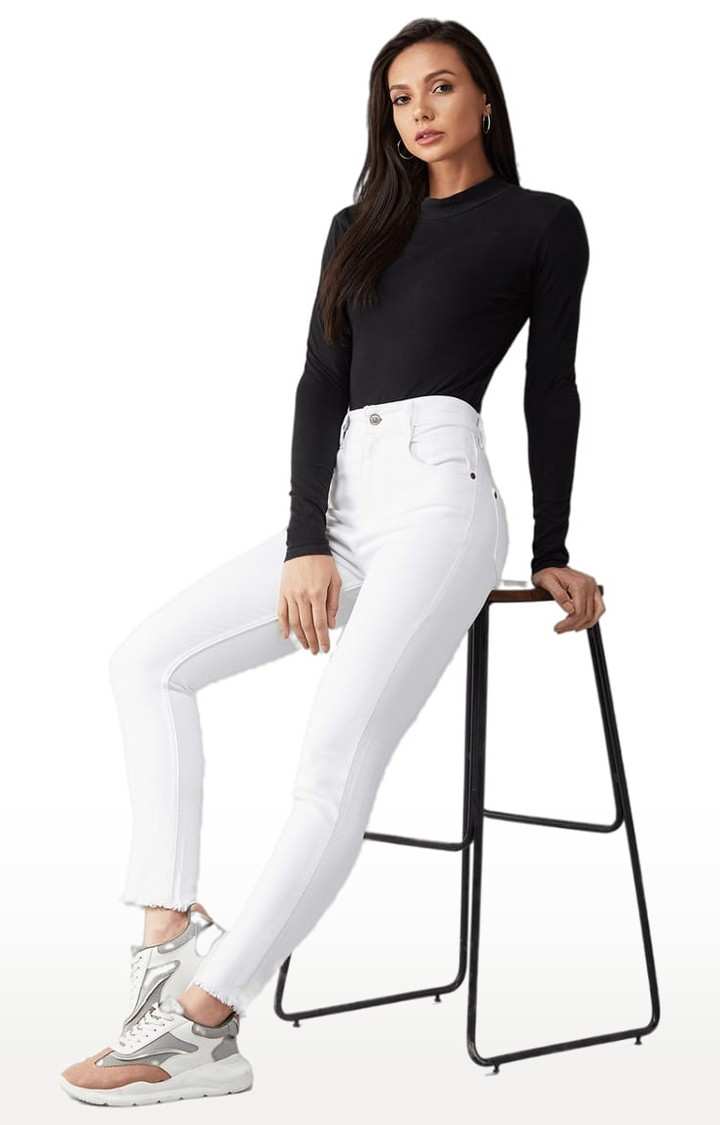 Women's White Cotton Solid Skinny Jeans