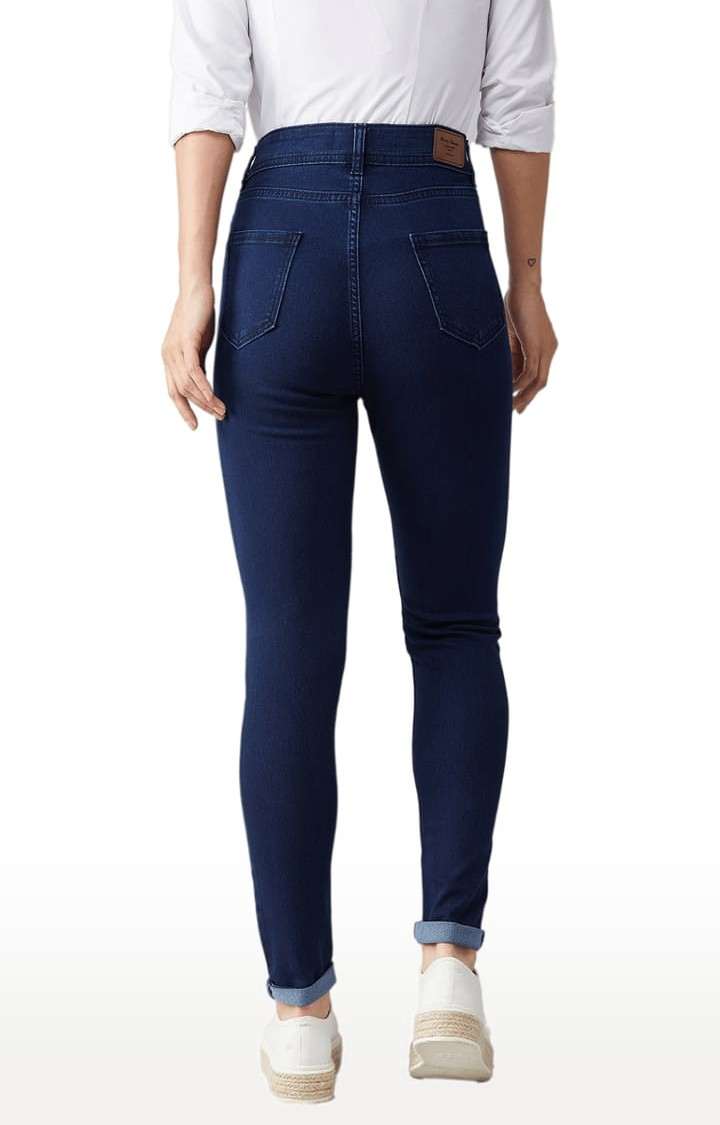 Women's Navy Blue Cotton Solid Skinny Jeans