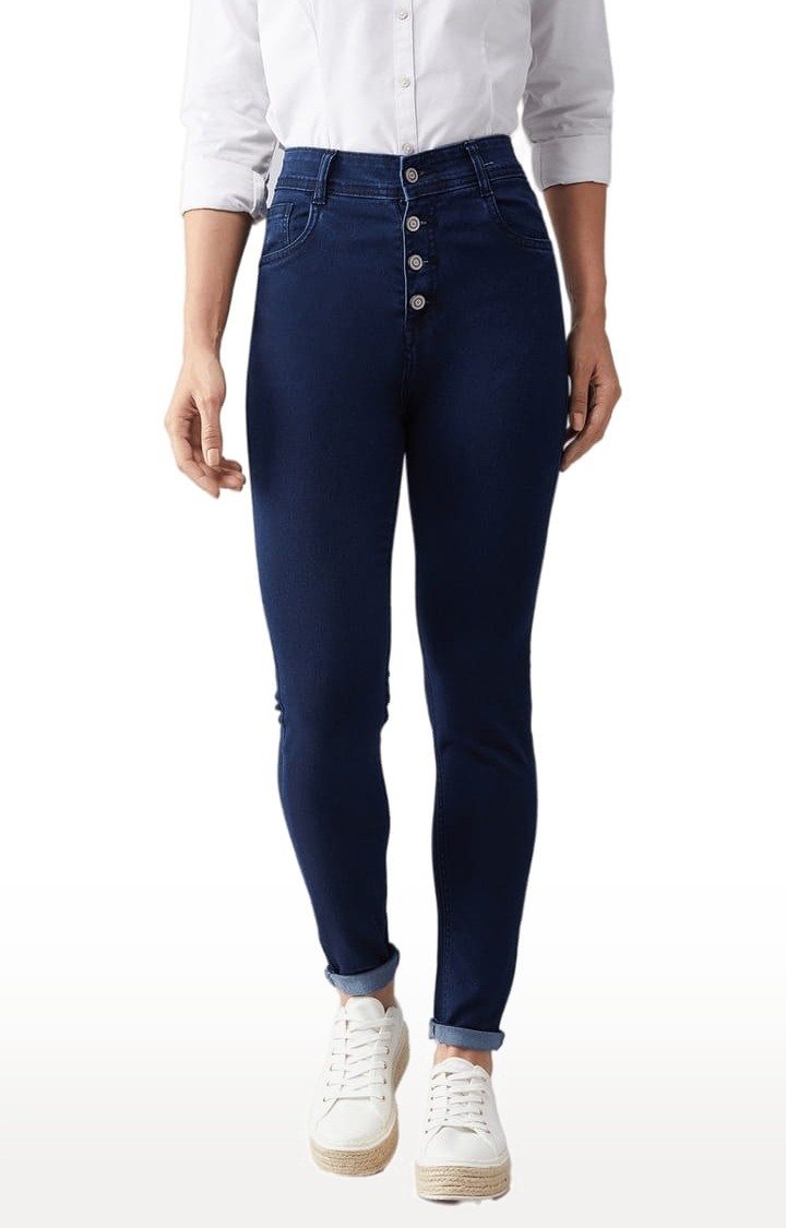 Women's Navy Blue Cotton Solid Skinny Jeans