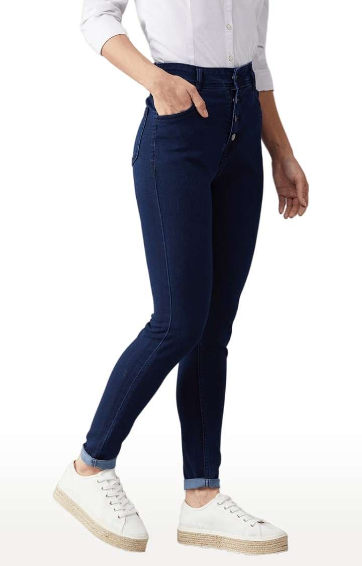Women's Navy Blue Cotton Solid Skinny Jeans