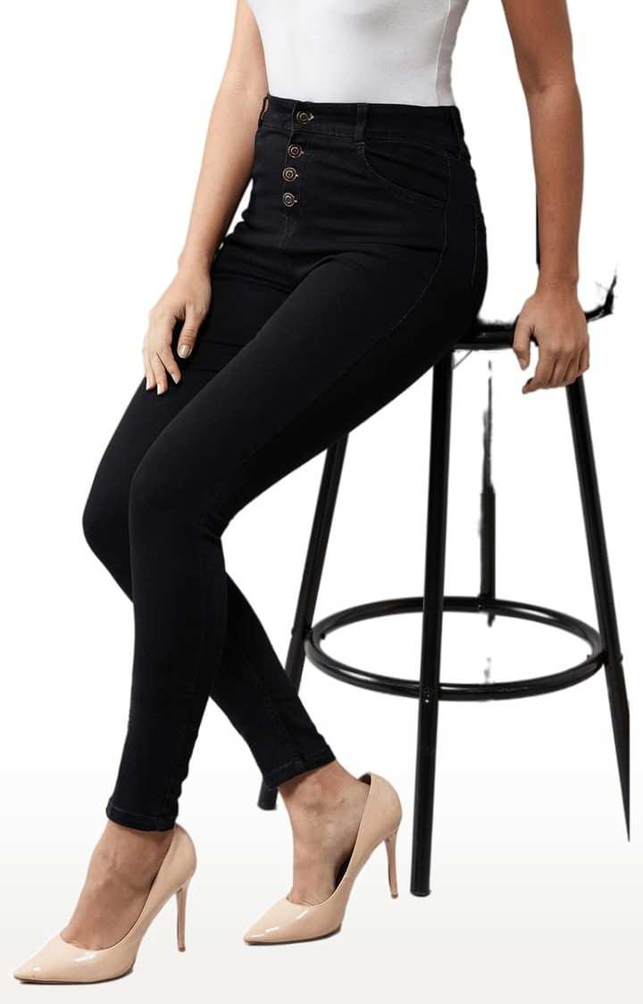 Women's Black Cotton Solid Skinny Jeans