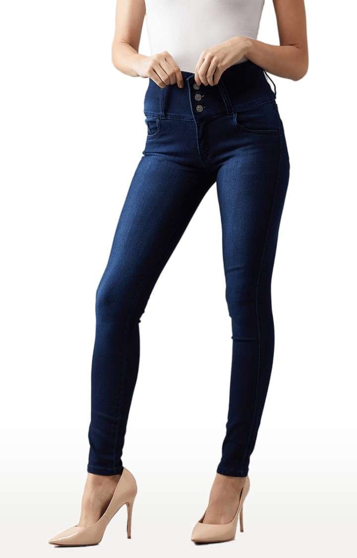 Women's Navy Blue Cotton Solid Skinny Jeans